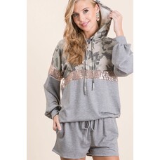 Fashion Go Long Sleeve Camo and Sequins Hoodie with Shorts Loungewear Set