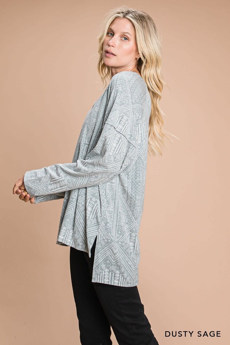 Printed V-Neck Long Sleeve Knit Top