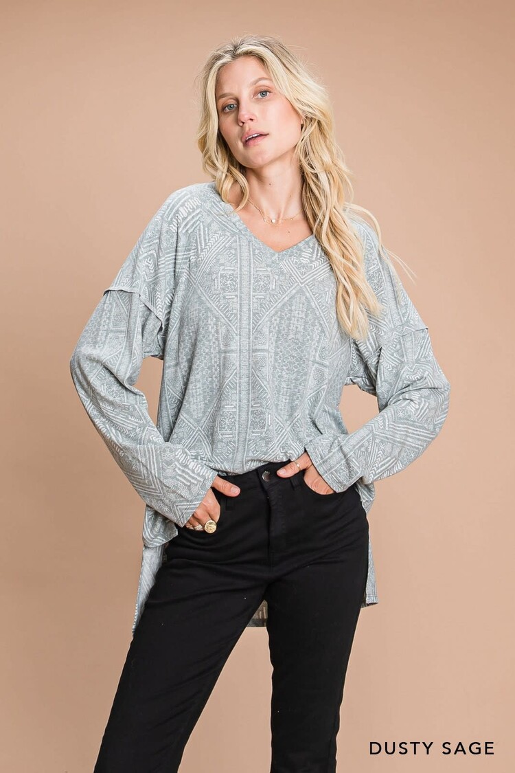Printed V-Neck Long Sleeve Knit Top