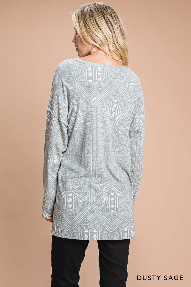 Printed V-Neck Long Sleeve Knit Top
