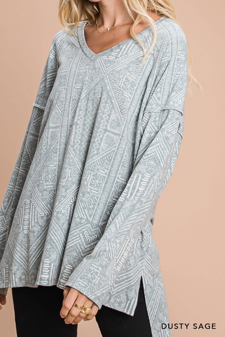 Printed V-Neck Long Sleeve Knit Top