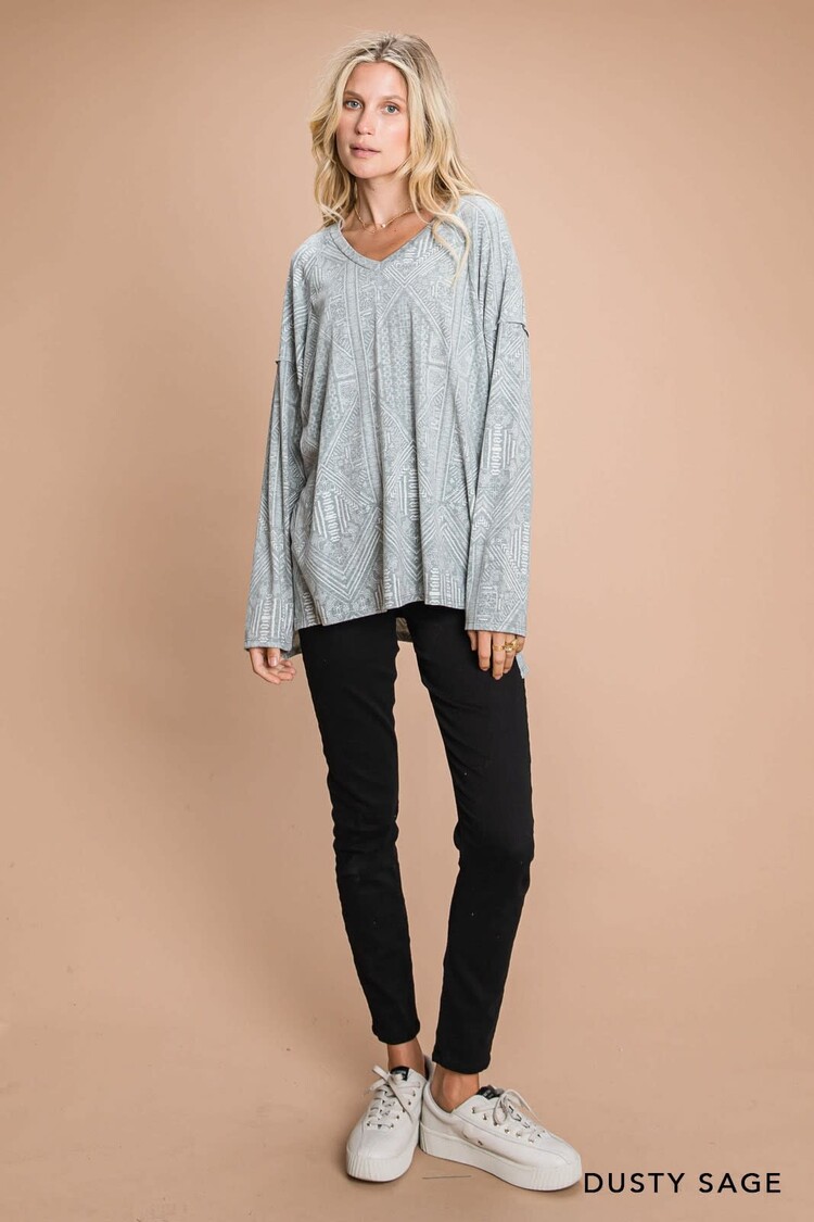 Printed V-Neck Long Sleeve Knit Top