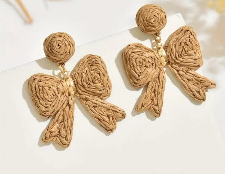 Raffia Bow Earrings - Beige