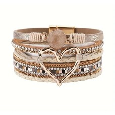 Multi layered PU Leather Bracelet- Heart - Cream