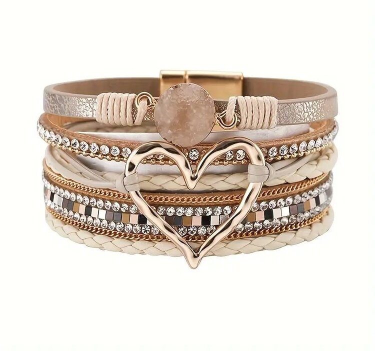 Multi layered PU Leather Bracelet- Heart - Cream
