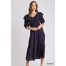 Umgee Linen Ruffle V-Neck Maxi Dress