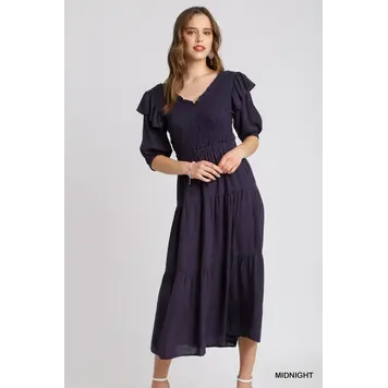 Umgee Linen Ruffle V-Neck Maxi Dress