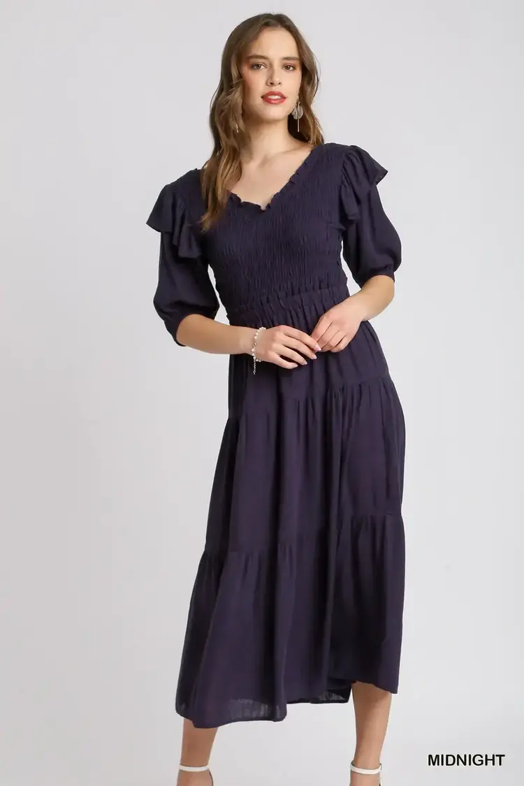 Umgee Linen Ruffle V-Neck Maxi Dress