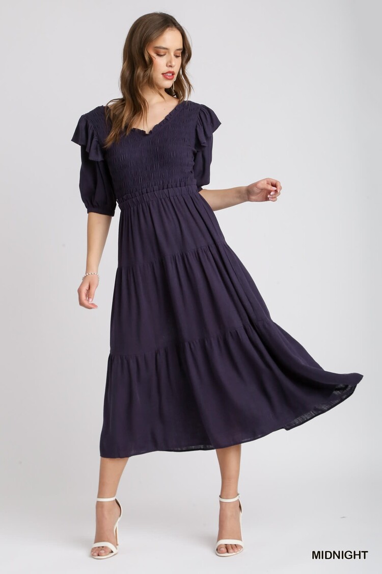 Umgee Linen Ruffle V-Neck Maxi Dress