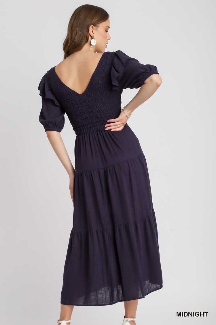 Umgee Linen Ruffle V-Neck Maxi Dress