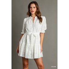 Umgee Lace Mid Button Short Ruffle Dress with Belt Tie, Lace Trim, & Balloon Cuffed Sleeves