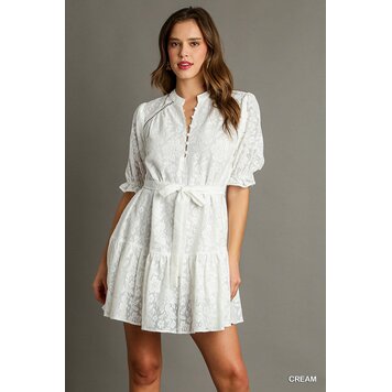 Umgee Lace Mid Button Short Ruffle Dress with Belt Tie, Lace Trim, & Balloon Cuffed Sleeves