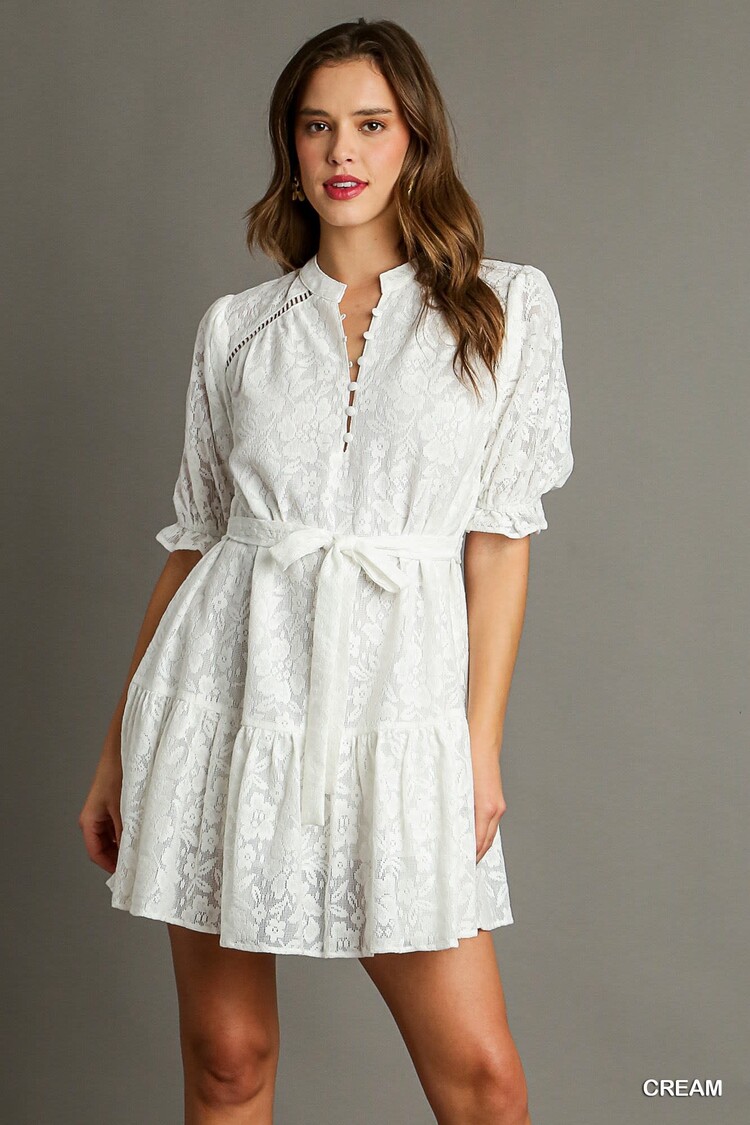 Umgee Lace Mid Button Short Ruffle Dress with Belt Tie, Lace Trim, & Balloon Cuffed Sleeves