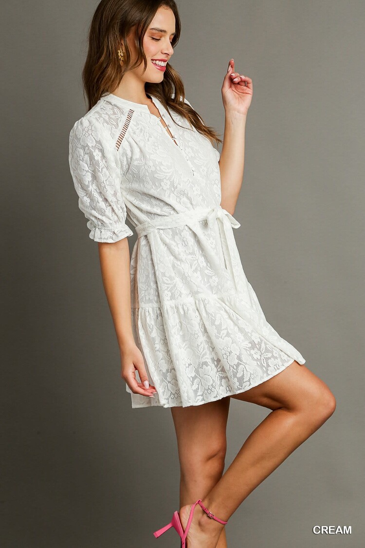 Umgee Lace Mid Button Short Ruffle Dress with Belt Tie, Lace Trim, & Balloon Cuffed Sleeves