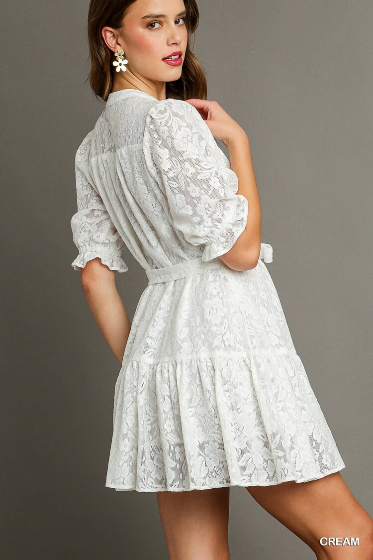 Umgee Lace Mid Button Short Ruffle Dress with Belt Tie, Lace Trim, & Balloon Cuffed Sleeves