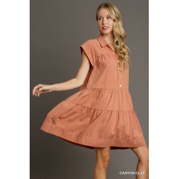 Umgee Collared A-Line Mid Button Tiered Short Dress