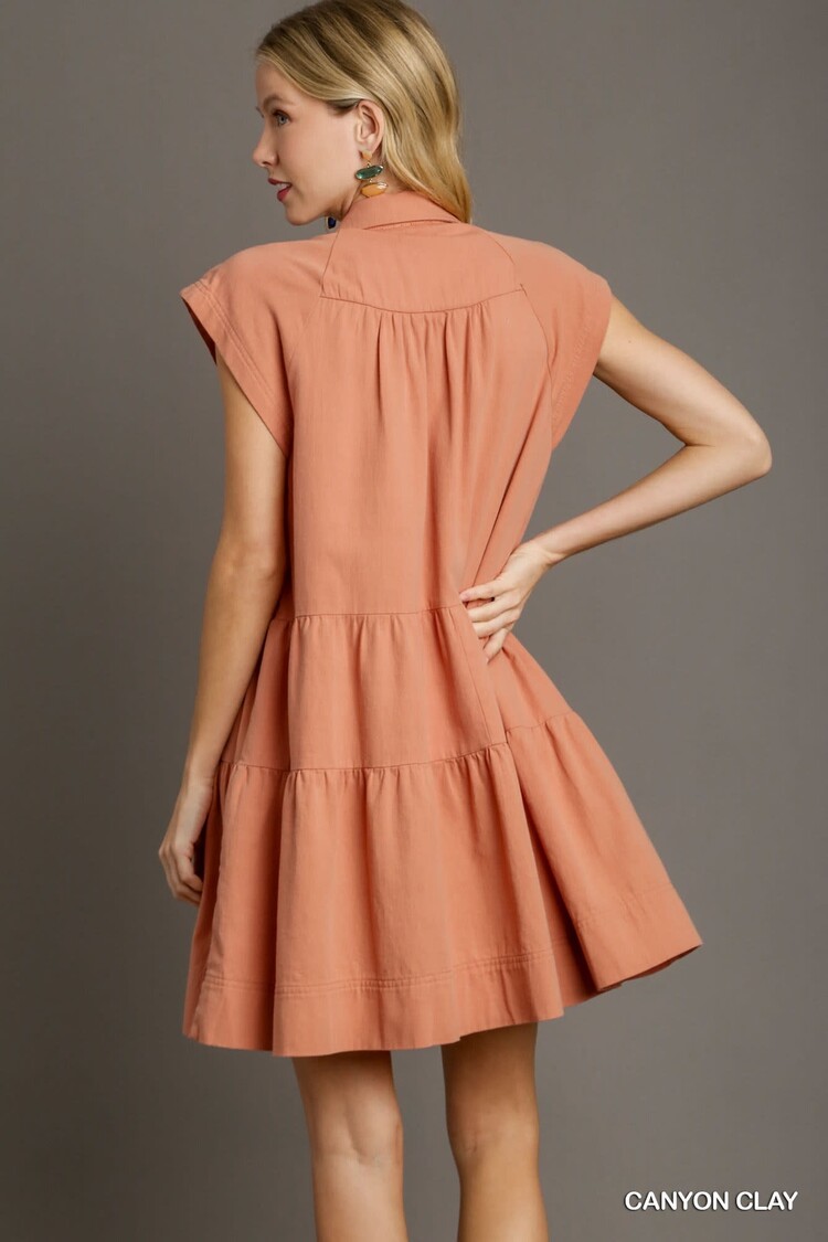 Umgee Collared A-Line Mid Button Tiered Short Dress