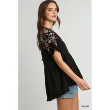 Umgee Linen Baby Doll Split Neck Top with Pleated Details & Embroidery Short Sleeves & Frayed Hem