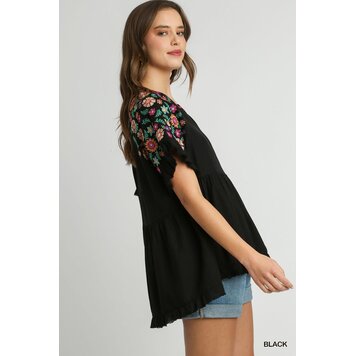 Umgee Linen Baby Doll Split Neck Top with Pleated Details & Embroidery Short Sleeves & Frayed Hem