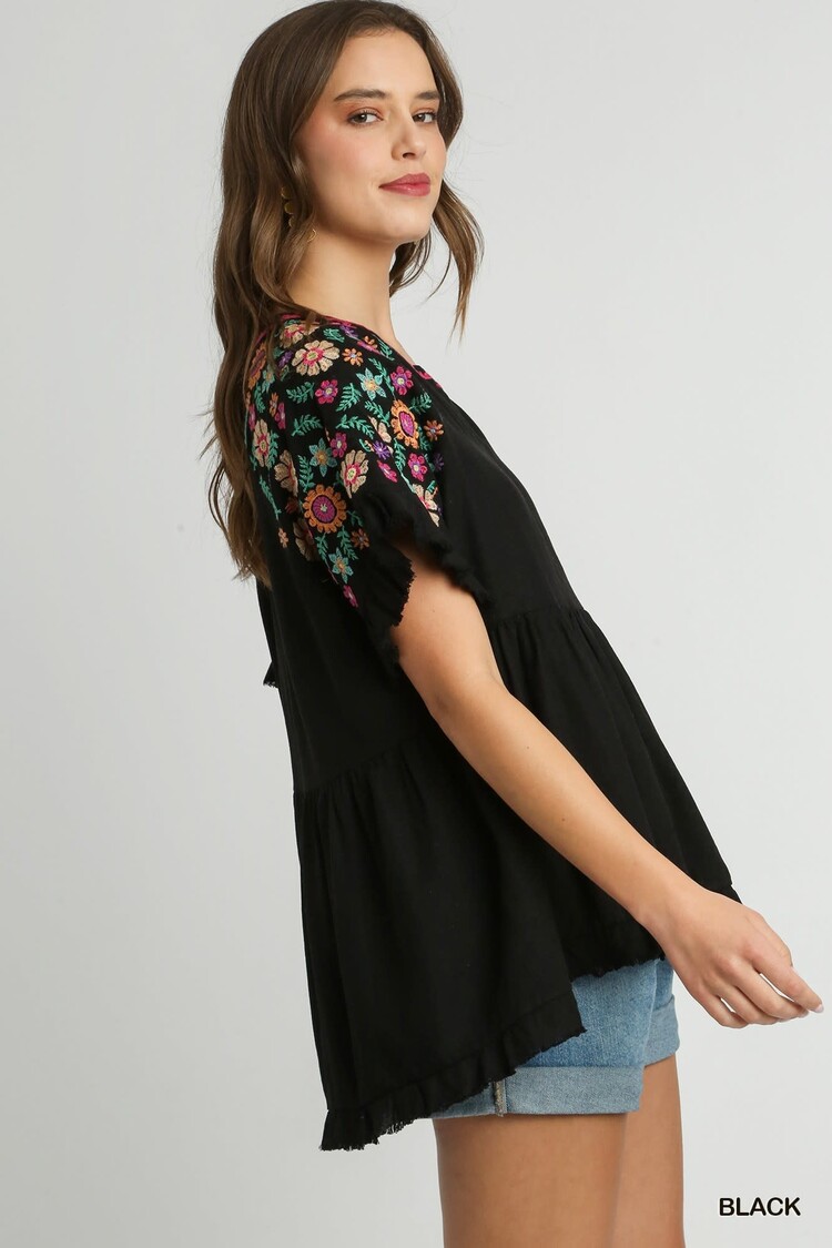 Umgee Linen Baby Doll Split Neck Top with Pleated Details & Embroidery Short Sleeves & Frayed Hem