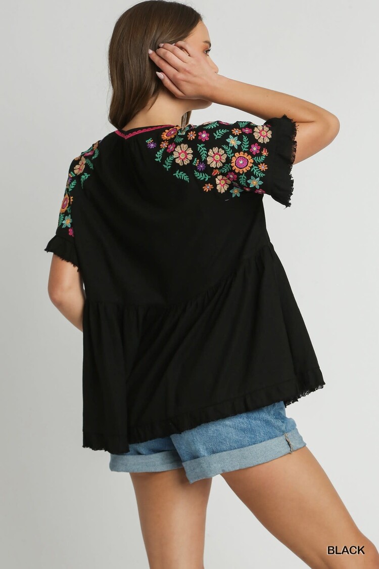 Umgee Linen Baby Doll Split Neck Top with Pleated Details & Embroidery Short Sleeves & Frayed Hem
