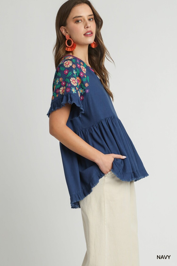 Umgee Linen Baby Doll Split Neck Top with Pleated Details & Embroidery Short Sleeves & Frayed Hem