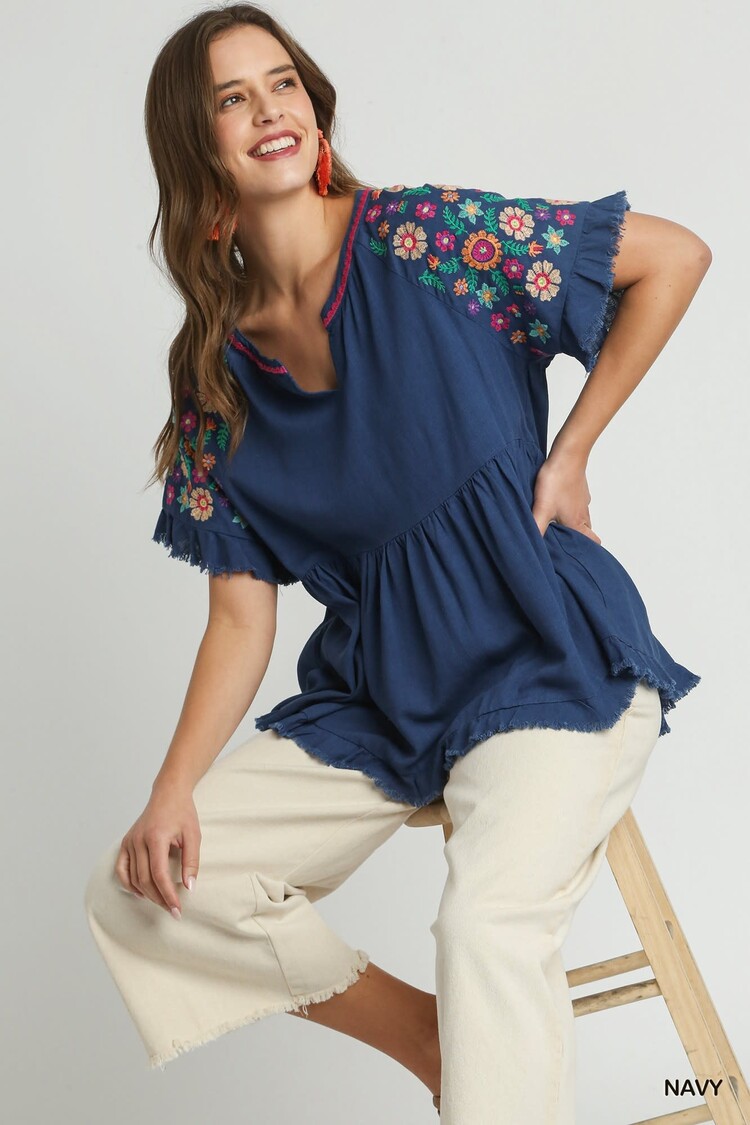 Umgee Linen Baby Doll Split Neck Top with Pleated Details & Embroidery Short Sleeves & Frayed Hem