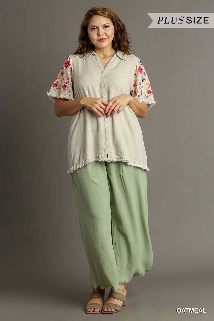Umgee Linen Shirt with Embroidered Sleeves