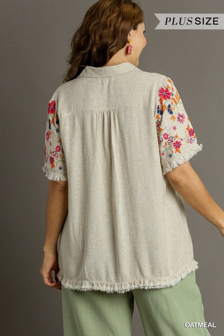 Umgee Linen Shirt with Embroidered Sleeves