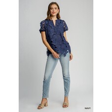 Umgee Floral Lace Split Neck Top