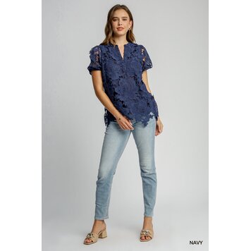 Umgee Floral Lace Split Neck Top