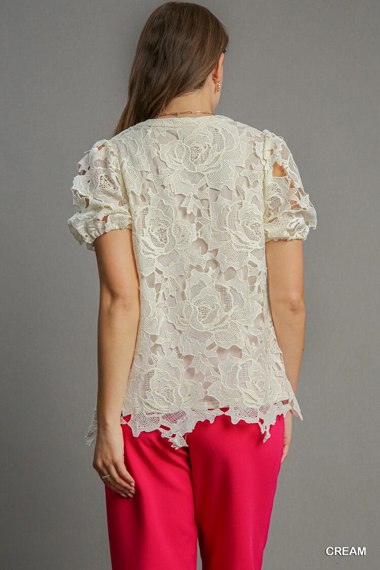 Umgee Floral Lace Split Neck Top