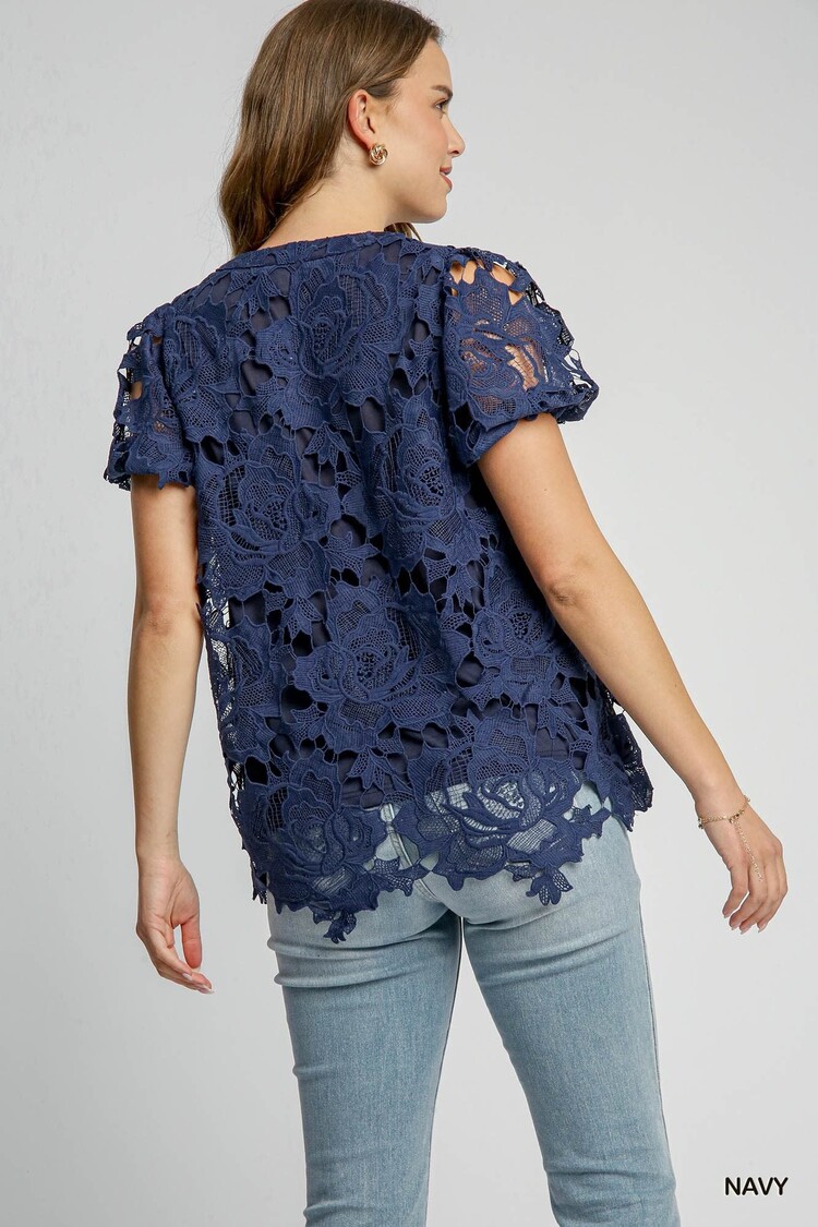 Umgee Floral Lace Split Neck Top