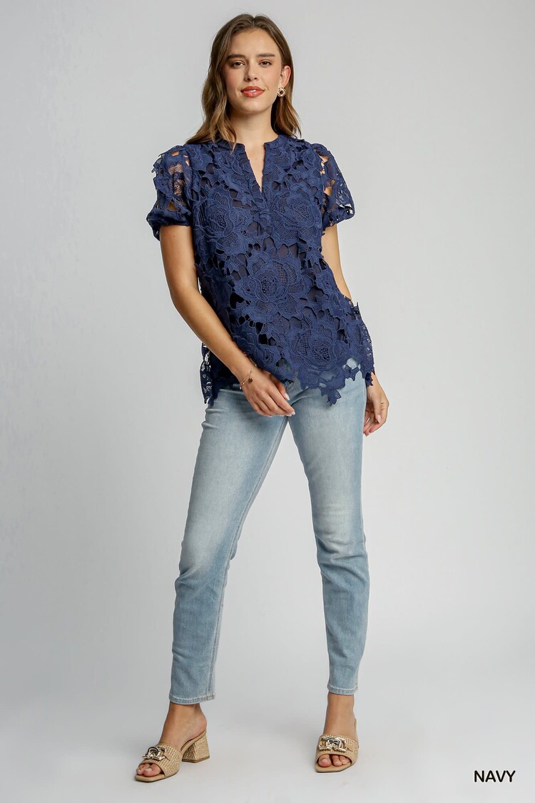 Umgee Floral Lace Split Neck Top