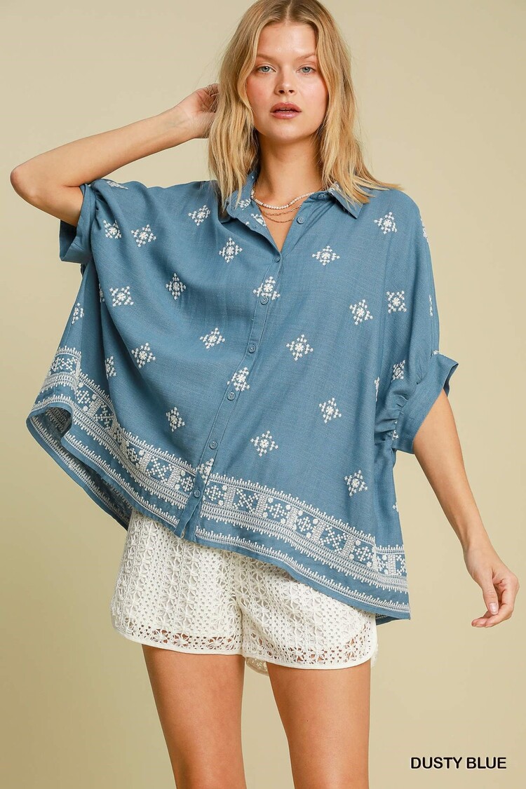 Umgee Aztec Embroidered Button Down Top