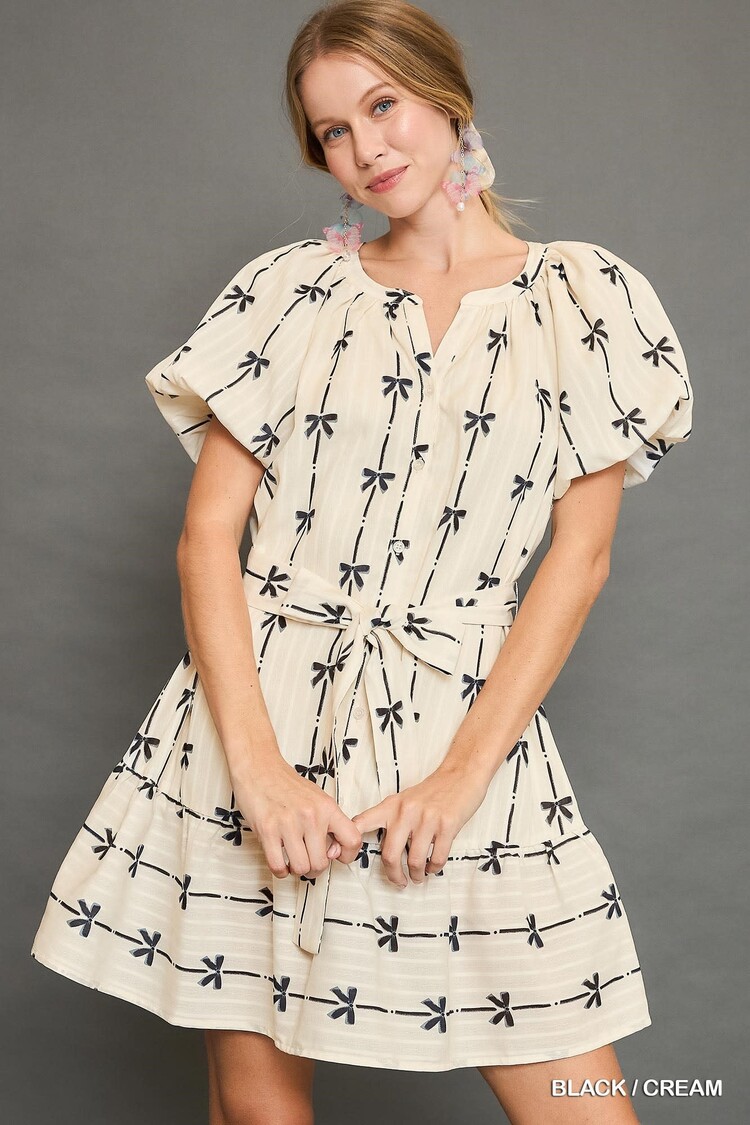 Umgee Ribbon Print Mini Dress with Belt Tie