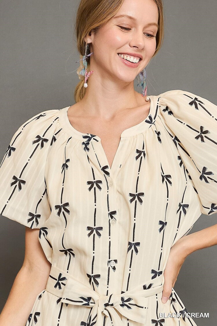 Umgee Ribbon Print Mini Dress with Belt Tie