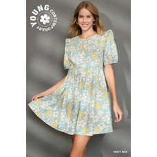 Umgee Floral Print Mini Dress with Back Ribbon Detail