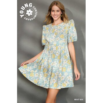 Umgee Floral Print Mini Dress with Back Ribbon Detail