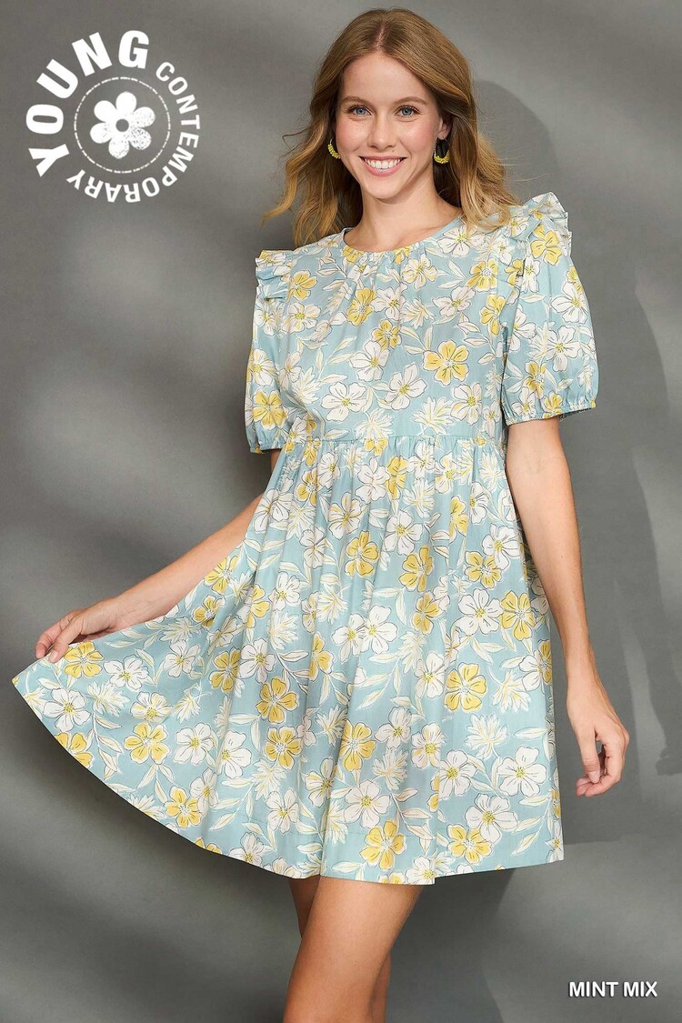 Umgee Floral Print Mini Dress with Back Ribbon Detail