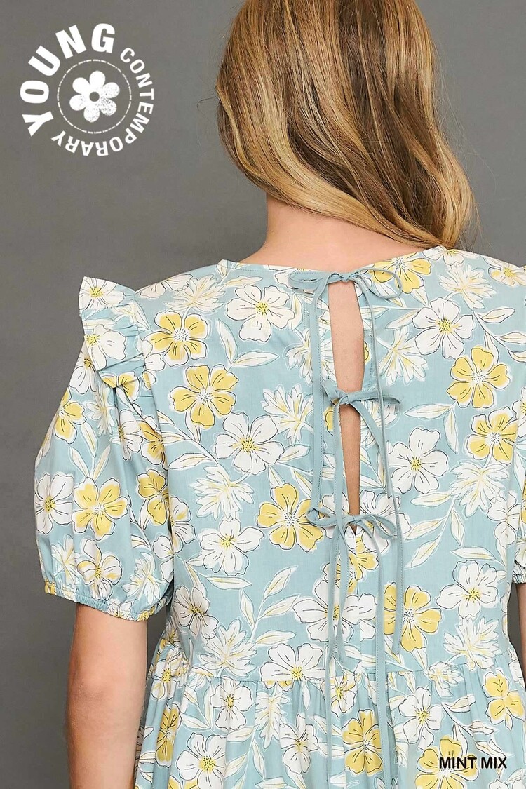 Umgee Floral Print Mini Dress with Back Ribbon Detail