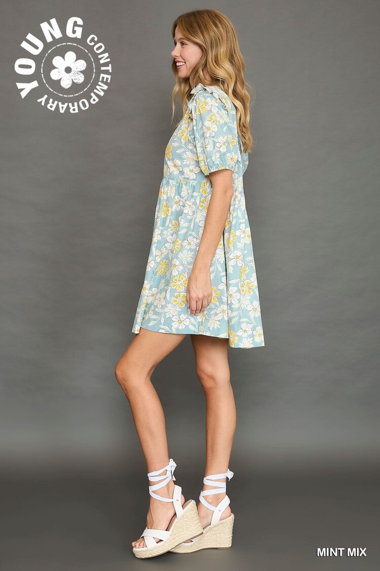 Umgee Floral Print Mini Dress with Back Ribbon Detail