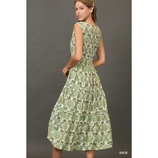 Umgee Abstract Print Midi Dress with Pintuck Details