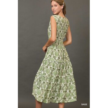 Umgee Abstract Print Midi Dress with Pintuck Details