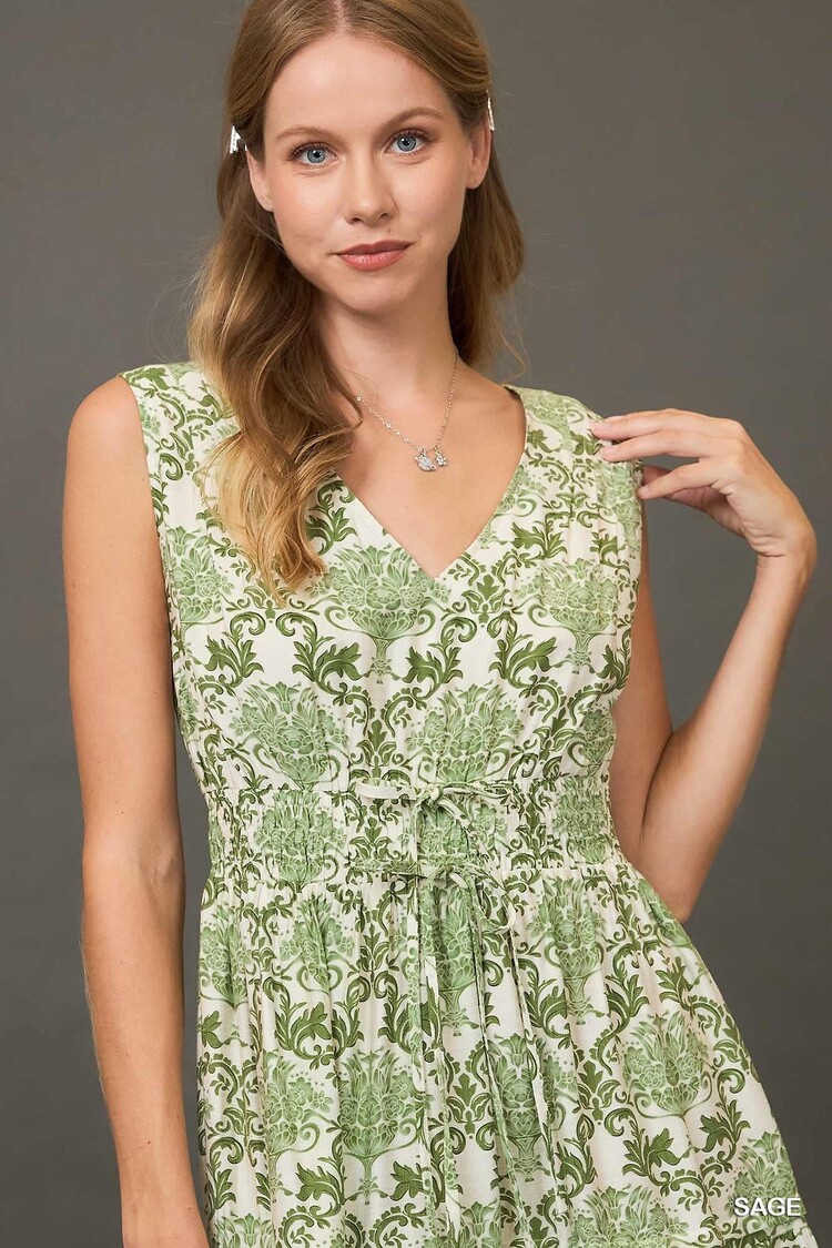 Umgee Abstract Print Midi Dress with Pintuck Details