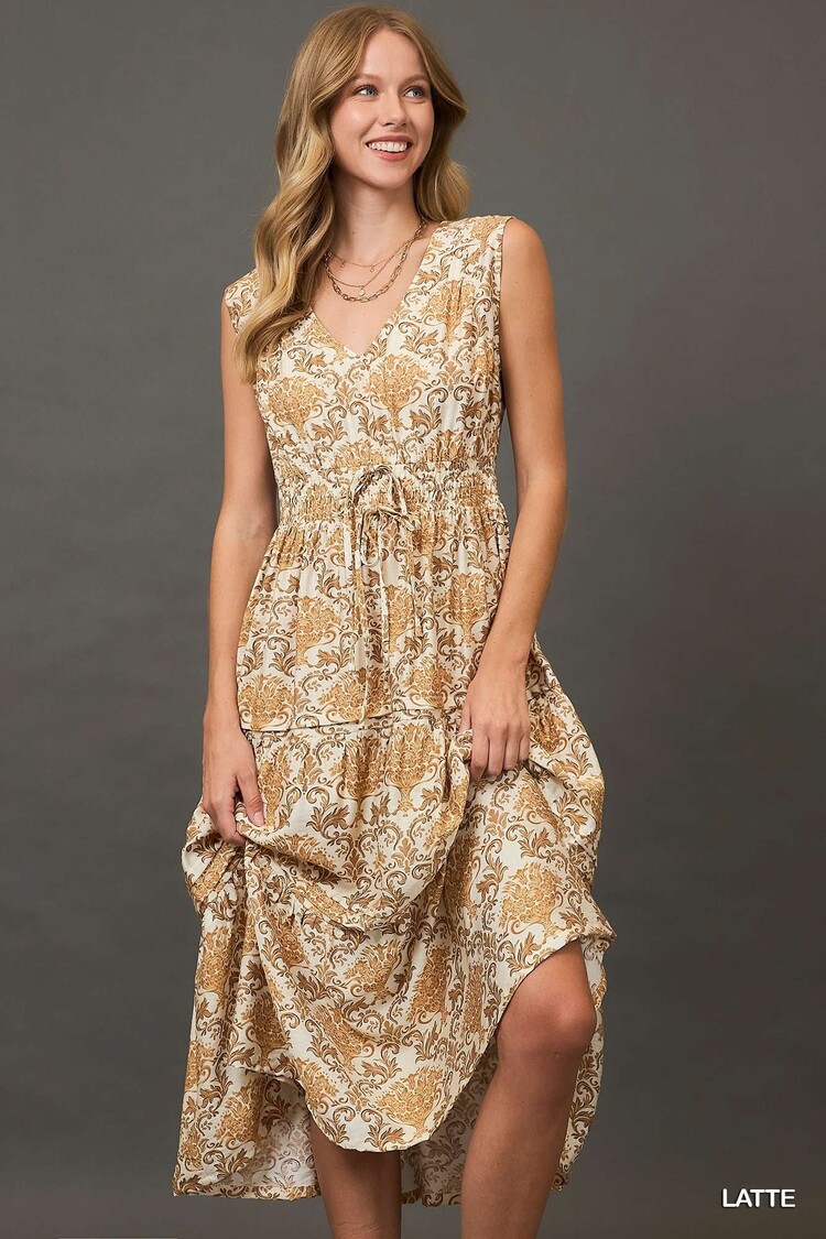 Umgee Abstract Print Midi Dress with Pintuck Details