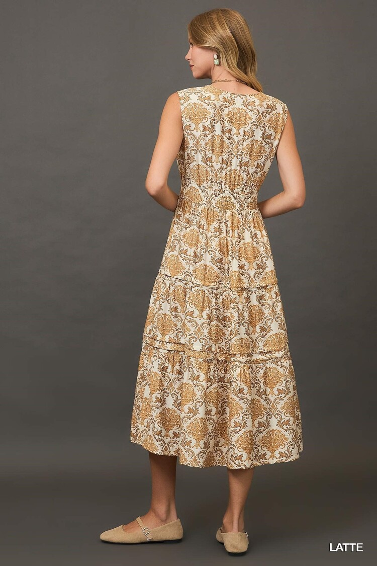 Umgee Abstract Print Midi Dress with Pintuck Details