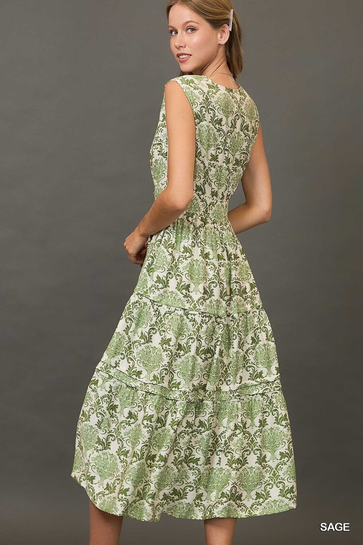 Umgee Abstract Print Midi Dress with Pintuck Details