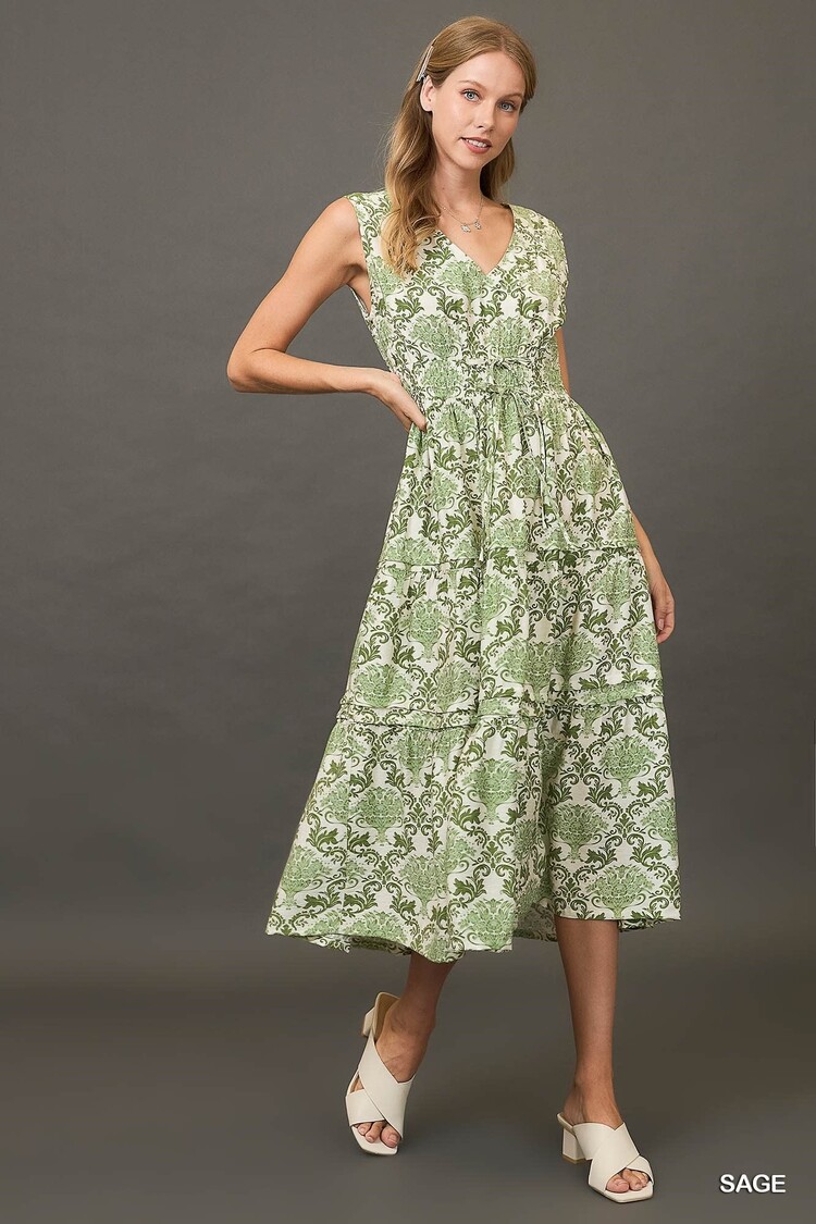 Umgee Abstract Print Midi Dress with Pintuck Details