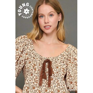 Umgee Floral Print Top with Lace Tape Drawstring